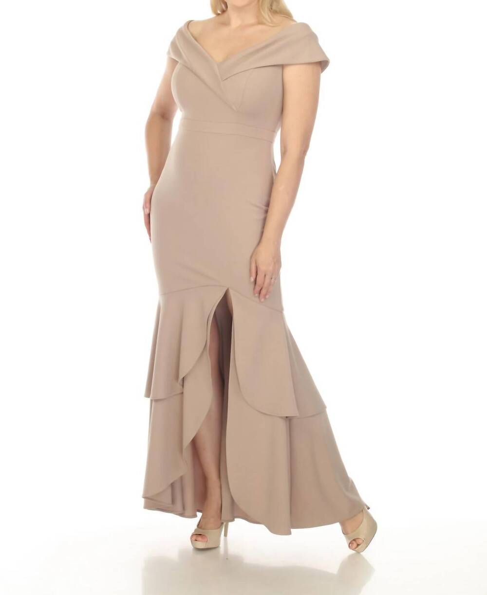 NEW JOSEPH RIBKOFF off-shoulder tiered hem evening dress in latte